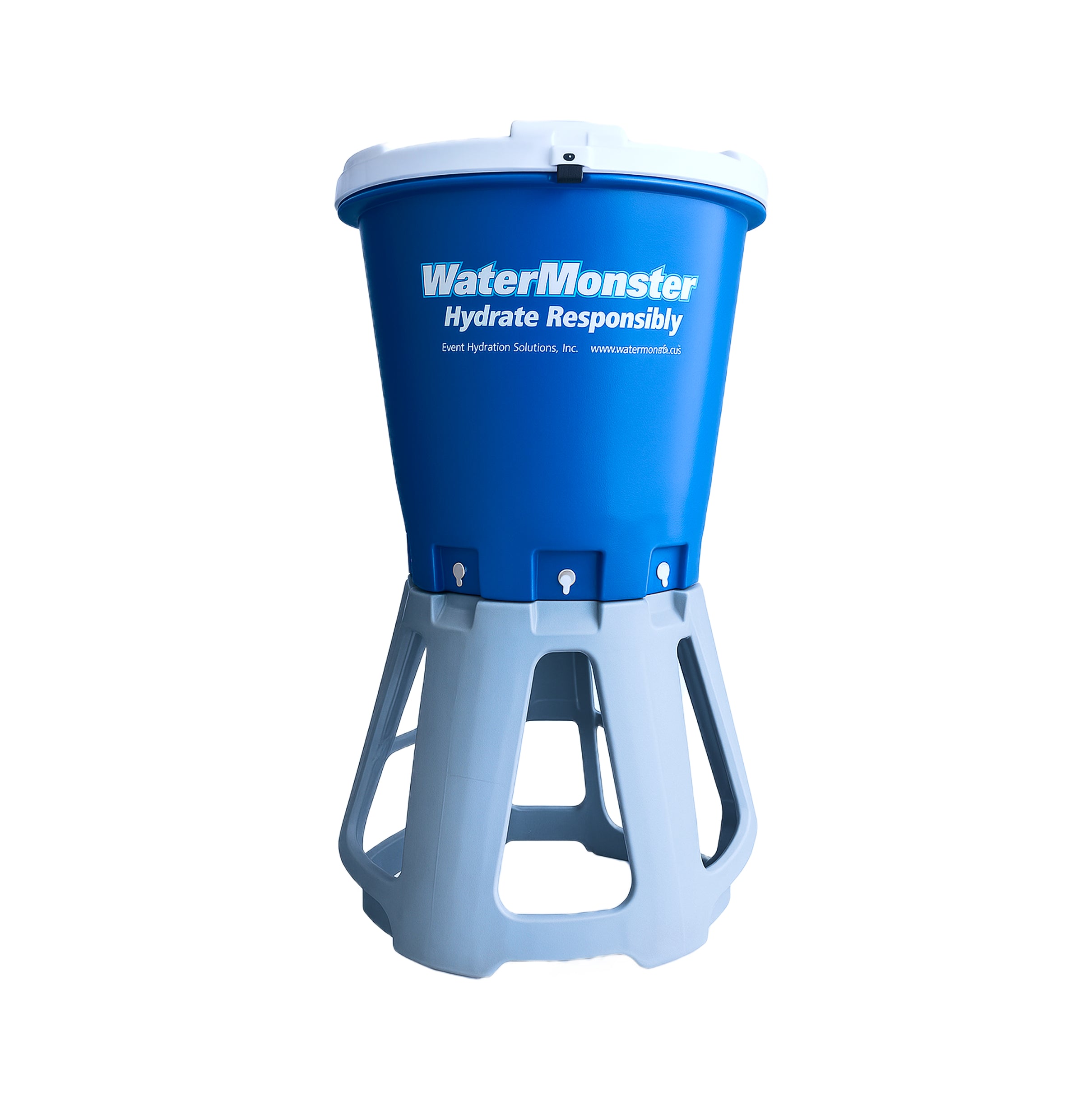 Blue and gray portable water dispenser on a white background